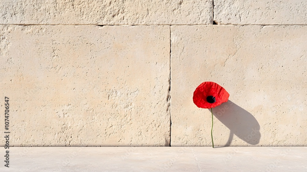 Aufkleber Vibrant red poppy bloom resting on a smooth stone surface its soft shadow creating a serene and contemplative atmosphere
