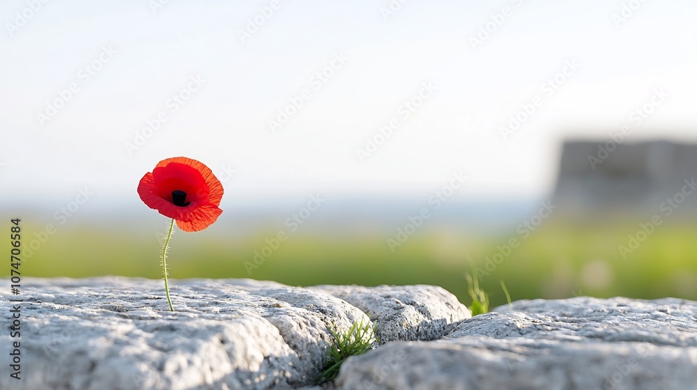 Aufkleber Vibrant red poppy flower resting on a stone surface casting a soft shadow and symbolizing the memory of lives lost during wartime  The image evokes a sense of and solemn tribute