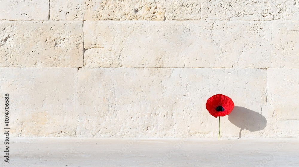 Aufkleber A vibrant red poppy blossom resting on a stone surface its soft shadow creating a contemplative contrast  This simple yet powerful image serves as a symbolic memorial to the lives lost during wartime