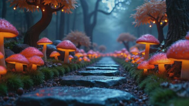 Wonderland. POV walking down a stone path lined with giant, colorful mushrooms in a misty forest. The whimsical scene evokes a sense of wonder, as if she's journeying into a magical, fairy-ta