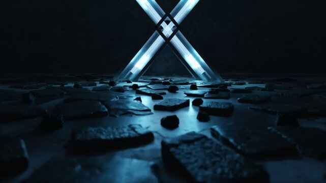 Neon lightened X alphabet shape on floor covered by paving stones