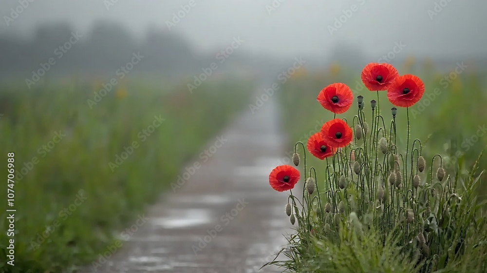 Poster vibrant red poppies lining a peaceful country path representing the memory and sacrifice of war vict