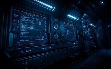 Obraz premium A futuristic, dimly lit environment featuring blue-lit panels and screens, creating a high-tech, sci-fi ambiance.