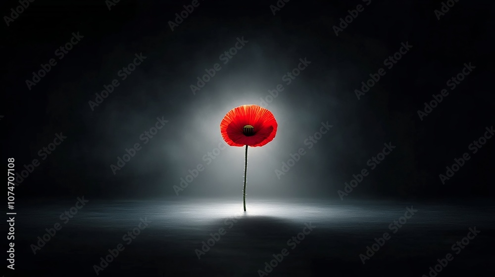 Poster solitary red poppy surrounded by soft ethereal light symbolizing reverence remembrance and honoring 
