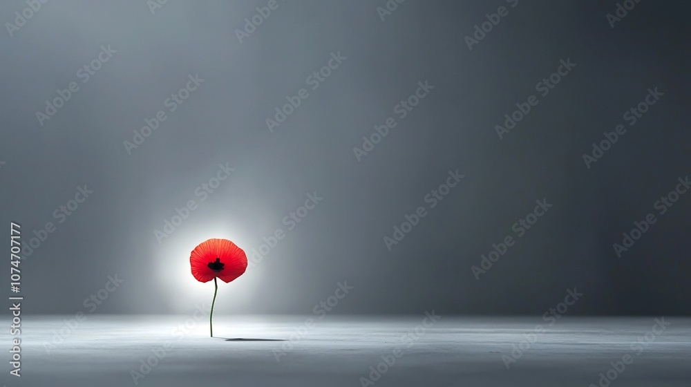 Poster a single vibrant red poppy flower surrounded by a soft hazy light symbolizing remembrance and honori