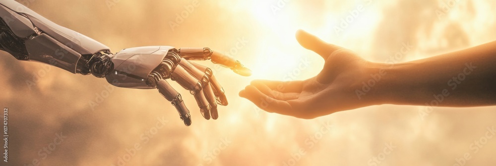 Poster A robot hand reaches toward a human hand, symbolizing the connection between technology and humanity in a hopeful, warm setting. Generative AI