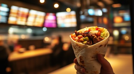 A vibrant takeout kebab counter serves customers at night, featuring various menu options. A customer enjoys a delicious kebab wrap filled with fresh ingredients