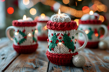 Selective focus of cups with knitted christmas holders on wooden table