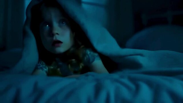 Kids are afraid. Panic at night. Poor sleep. A scared young girl lies in bed alone herself in a dark house beneath blue moonlight, hiding behind a blanket.