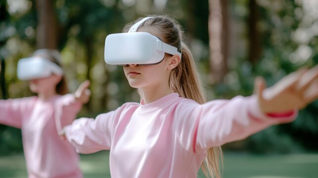 Participants enjoy an outdoor yoga class using smart clothing and AR tech in a peaceful setting - Powered by Adobe