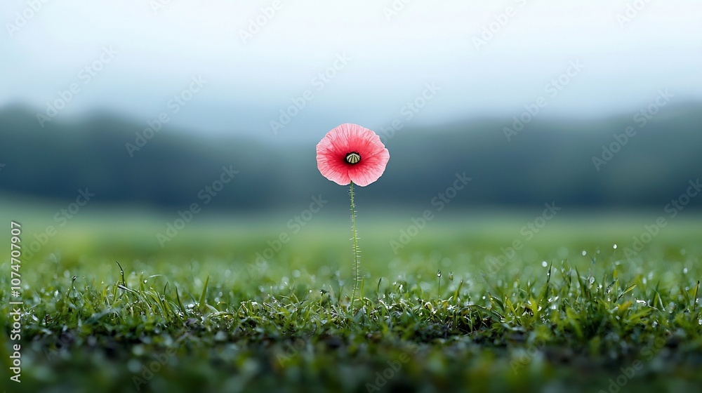 Poster a single vibrant red poppy standing alone in a serene field symbolizing remembrance and honoring the