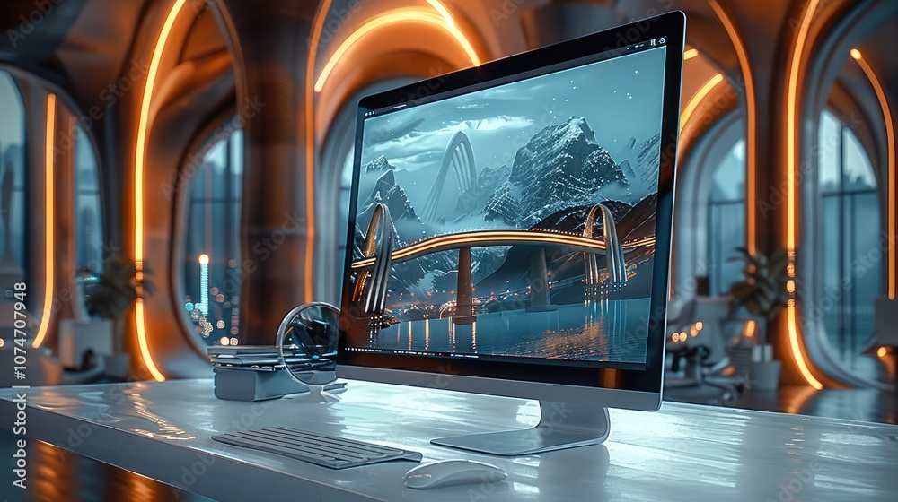 Aufkleber Website design about engineering bridges, seen in computer screen in futuristic office.