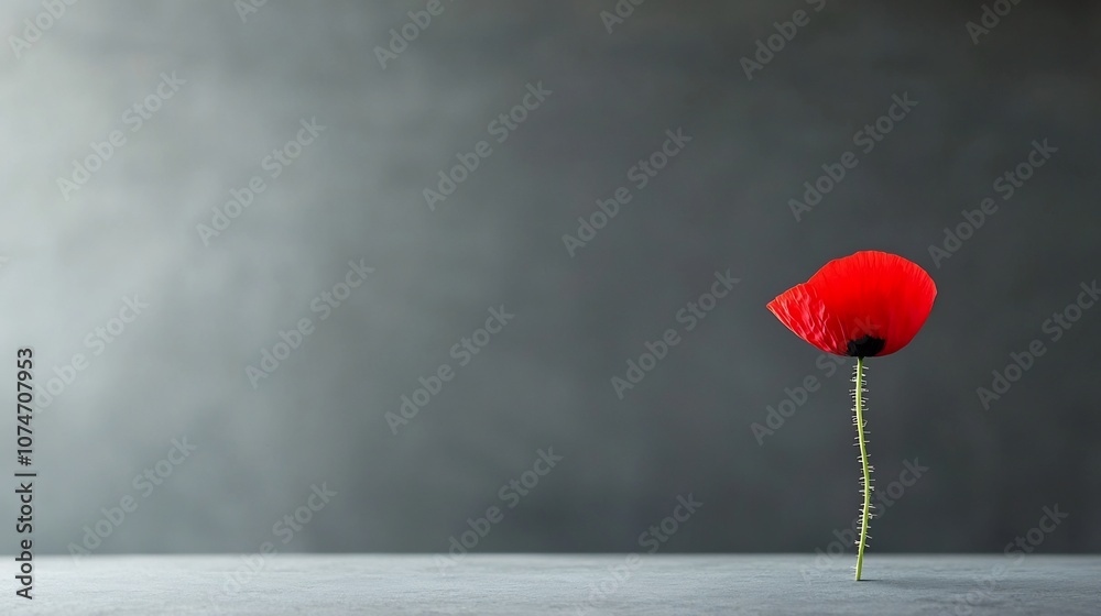 Poster a solitary red poppy with soft lighting symbolizing the memory of fallen soldiers and respect for th