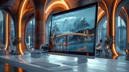 Fototapeta premium Website design about engineering bridges, seen in computer screen in futuristic office.