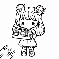 Fototapeta premium A girl is holding a cupcake tray. Coloring page for children.