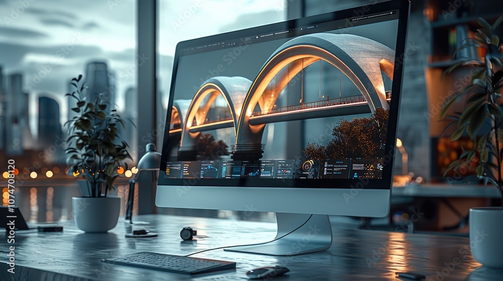 Aufkleber website design about engineering bridges, seen in computer screen in futuristic office.