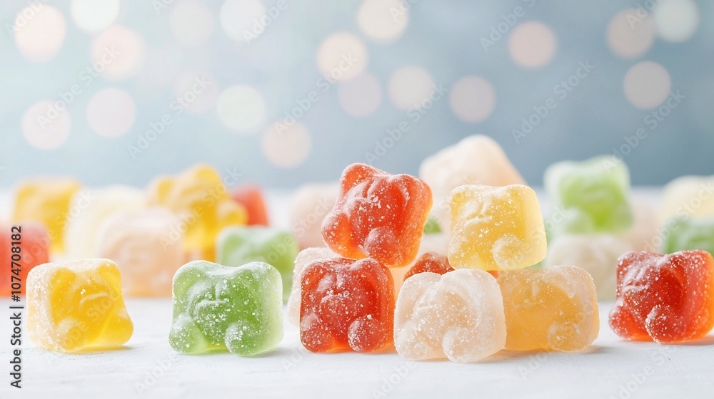 Aufkleber Macro shot highlighting the glossy surface and chewy texture of assorted gummy bears against a soft blurred bokeh backdrop