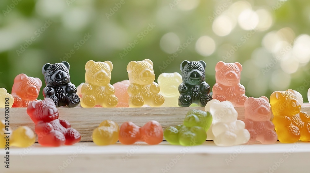 Aufkleber Closeup Macro Shot of Assorted Gummy Bears Highlighting Their Glossy Surface and Chewy Texture with a Soft Blurred Bokeh Backdrop  Vibrant Colorful Candy Treats in a Studio Setting