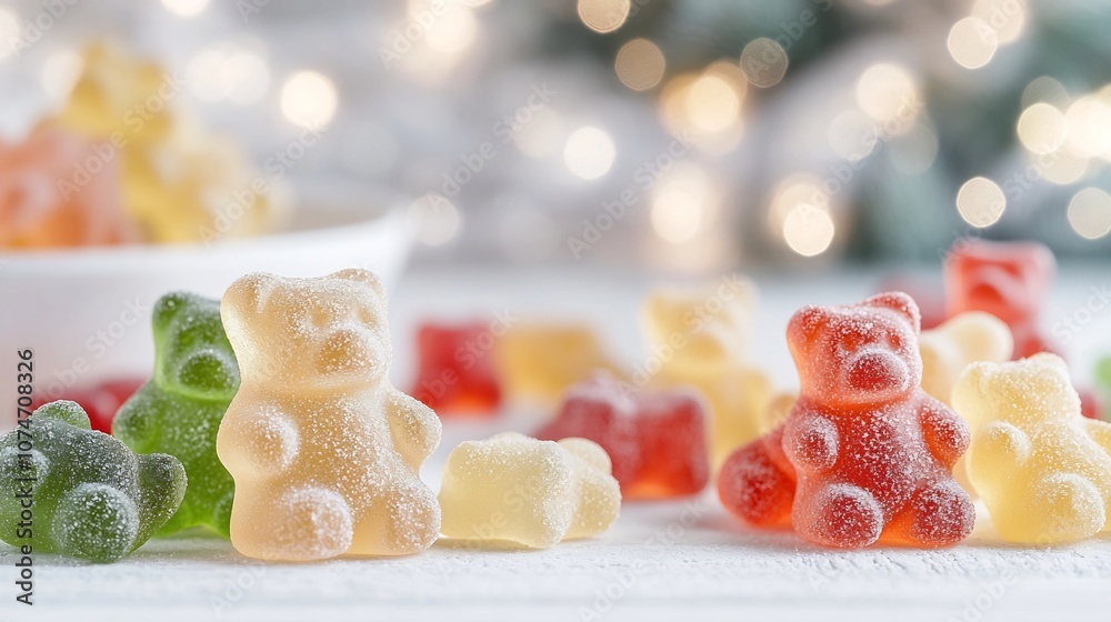 Poster Close up macro shot of an assortment of colorful gummy bears capturing the detailed texture vibrant colors and shiny glossy surface of the candies with a beautiful blurred bokeh background