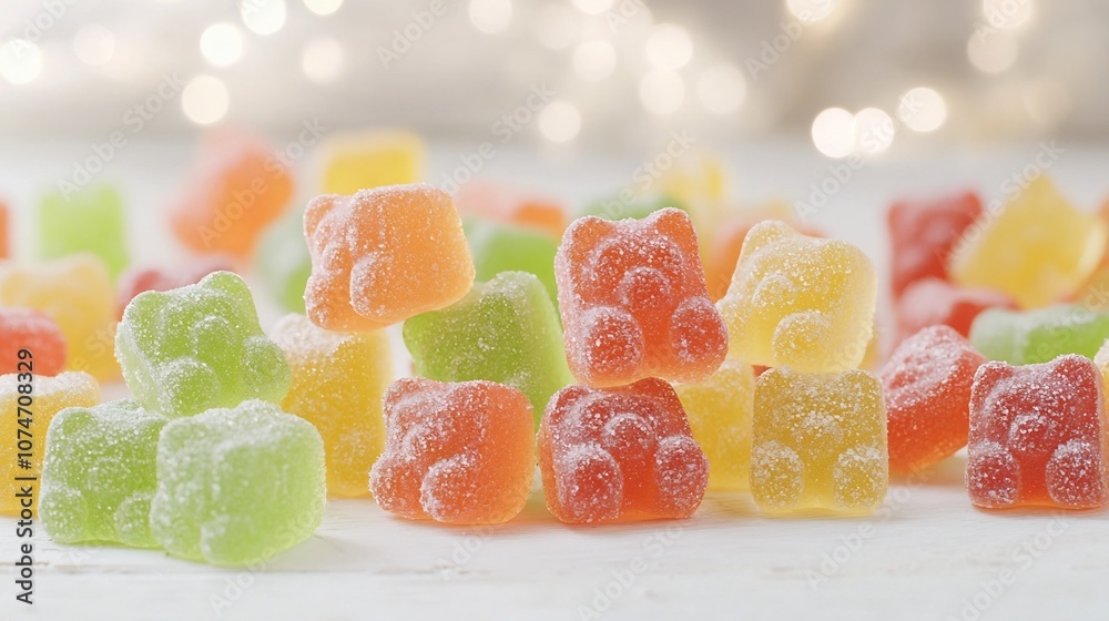 Poster closeup of vibrant gummy bears with inviting texture and soft bokeh highlights detailed shot showcas
