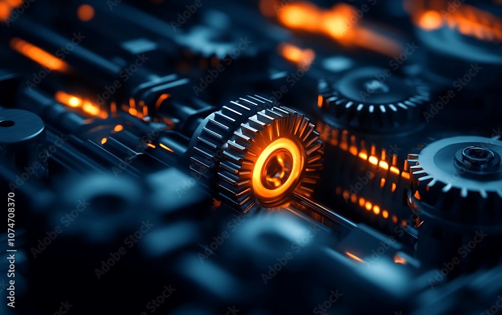 Fototapete A close-up view of intricate mechanical gears with a glowing orange light, emphasizing a blend of technology and design.