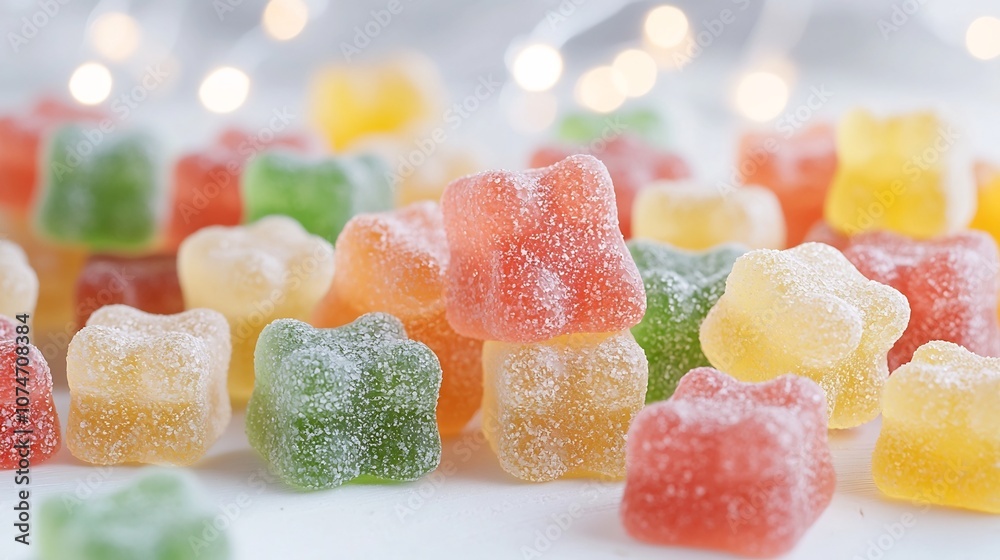 Aufkleber Detailed close up shot of brightly colored gummy bears showcasing their rich inviting texture and enhanced by soft diffused bokeh lighting for a striking appetizing display