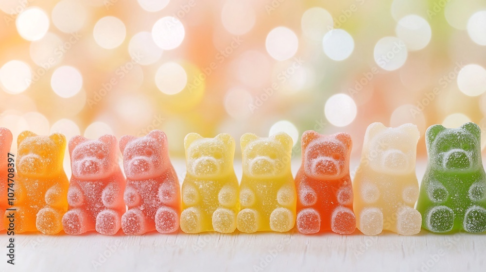 Aufkleber Vibrant Close up of Assorted Gummy Bears Showcasing Fine Details and Captivating Bokeh Effect  Colorful Arrangement of Chewy Sugary Confectionery Treats Displayed in a Delectable Composition