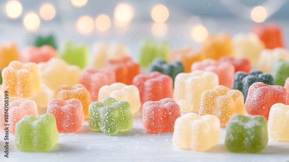 Poster Captivating Close up of Bright and Colorful Gummy Bears Showcasing Their Rich Texture and Inviting Appearance Enhanced by Soft Bokeh Lighting Effects