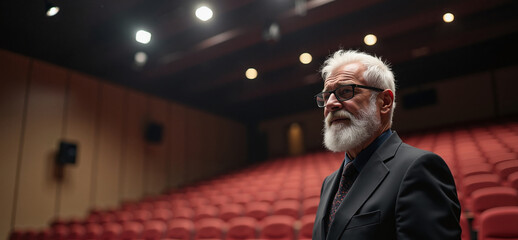 Senior Man with Beard Contemplative in Empty Theater Auditorium