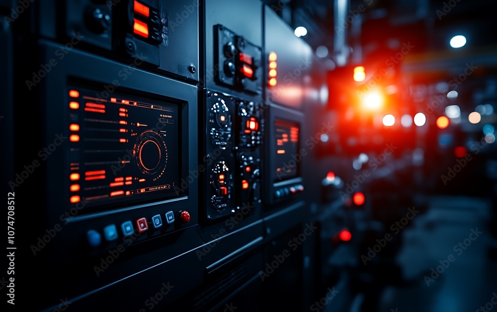 Poster a close-up of a control panel featuring illuminated buttons and displays, creating a high-tech atmos