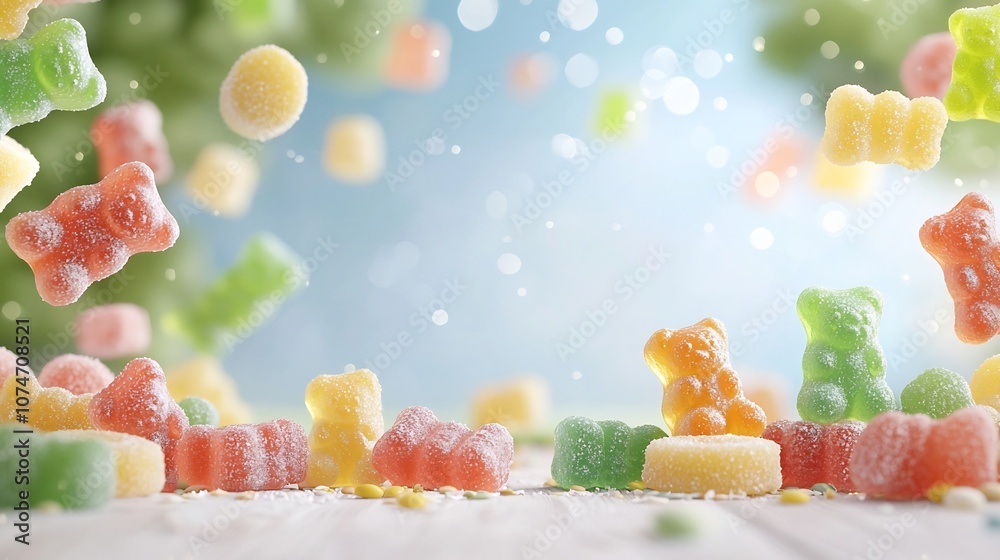 Poster Close up image showcasing a group of vibrant colorful gummy bears with a shiny textured surface framed by a soft dreamy bokeh background  The gummy bears are captured in a minimalist still life style