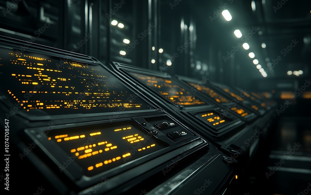 Poster The image features a futuristic control room with illuminated screens, displaying complex data in a dimly lit, high-tech environment.