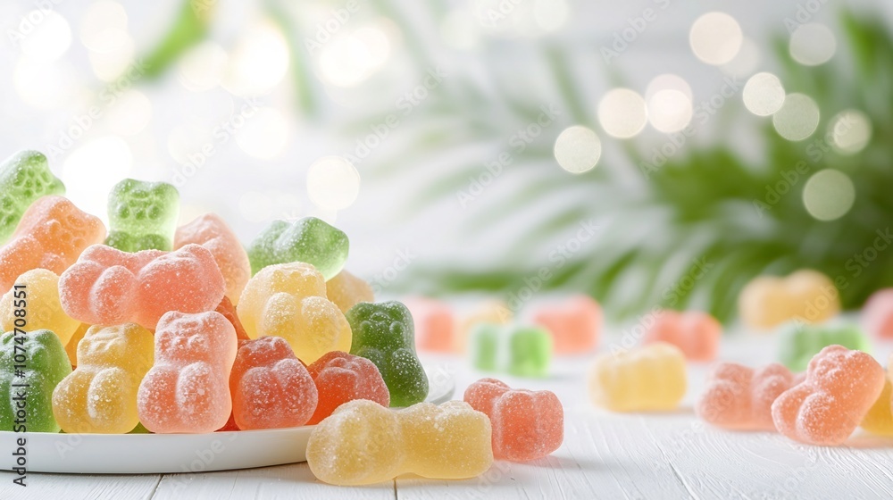 Leinwandbilder close up image of brightly colored shiny gummy bears with a soft dreamy bokeh background effect the 