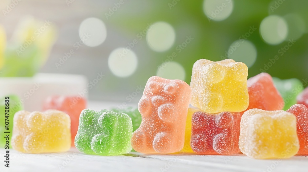 Aufkleber Vibrant close up image of assorted colorful gummy bears set against a soft dreamy bokeh background capturing their shiny textural appeal and creating a tantalizing indulgent visual treat