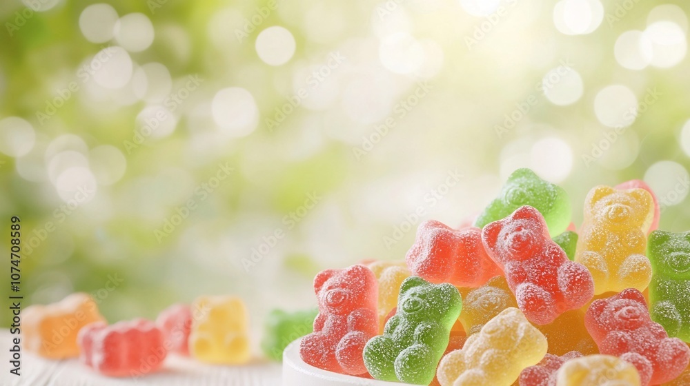 Aufkleber Close up image of an assortment of colorful gummy bears with a shiny textured surface framed by a soft dreamy bokeh background  The vibrant playful candies are arranged in a still life composition