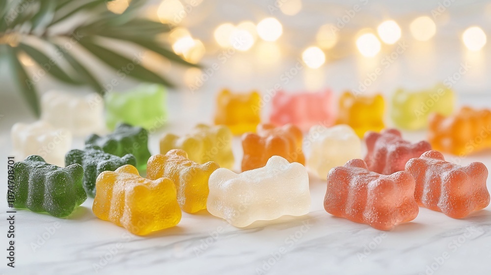 Aufkleber Closeup capture of various colored gummy bears highlighting their smooth shiny surface with a soft blurred bokeh glow in the background  The gummy bears have a vibrant