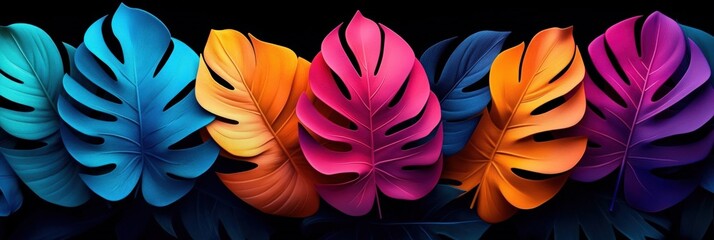 Colorful Tropical Leaves Arrangement on a Dark Background, Vibrant Monstera Leaves in Blue, Pink, Orange, and Violet Shades for Decorative and Artistic Purposes