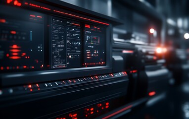 Fototapeta premium A futuristic control panel with glowing red displays and intricate technology, exuding a sci-fi ambiance.