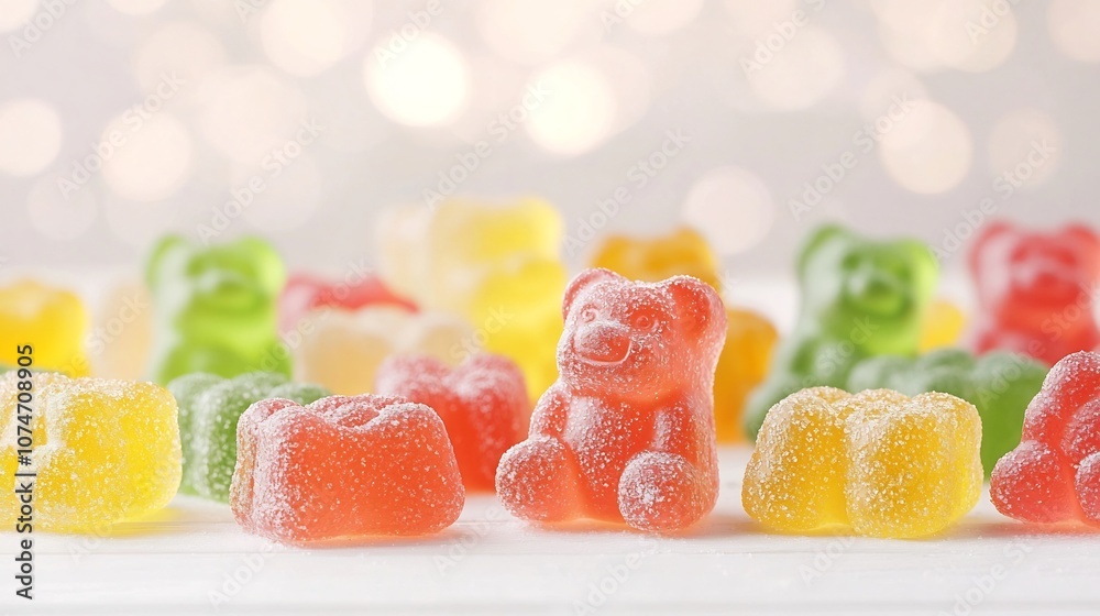 Aufkleber closeup of brightly colored gummy bears capturing the intricate details and glossy surface with a st