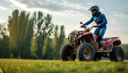 Rider on an ATV in outdoor terrain, wearing protective gear and enjoying off-road adventure, extreme sports and recreational activity