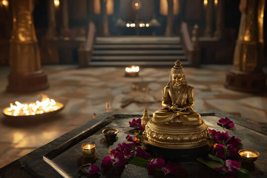 golden Laxmi murti with traditional offerings and floral arrangements