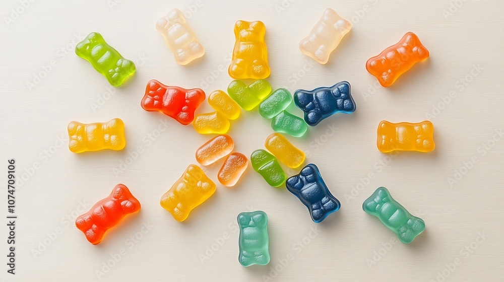 Fototapete Vibrant and colorful star shaped pattern made from neatly arranged gummy bears on a light background creating an eye catching and fun design for a creative modern and playful visual