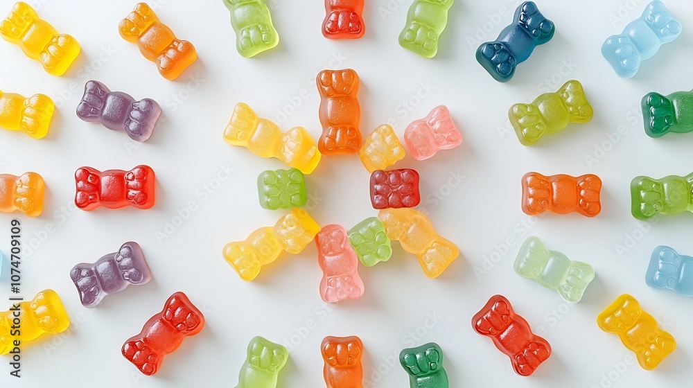 Aufkleber vibrant star shaped pattern created by arranging colorful gummy bear candies neatly on a light color