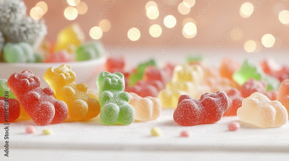 Leinwandbilder Macro close up shot of rich vivid and glossy gummy bears with a beautiful bokeh effect adding depth and texture to the delectable confectionery scene