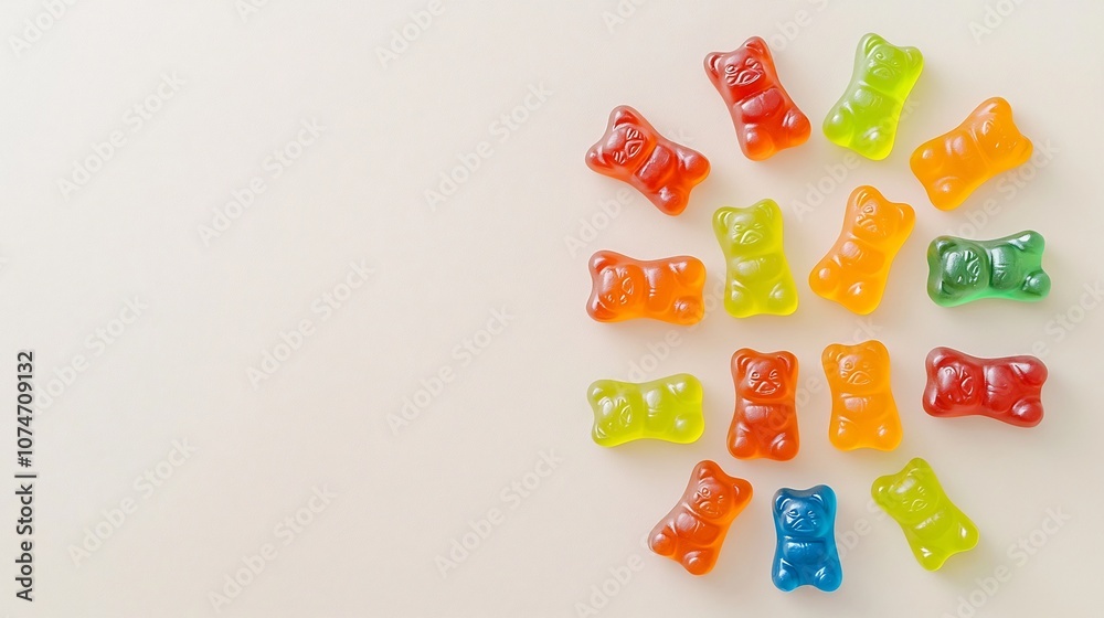 Leinwandbilder Neatly arranged star shaped pattern made from vibrant colorful gummy bears on a light minimalist background creating a fun and appetizing design