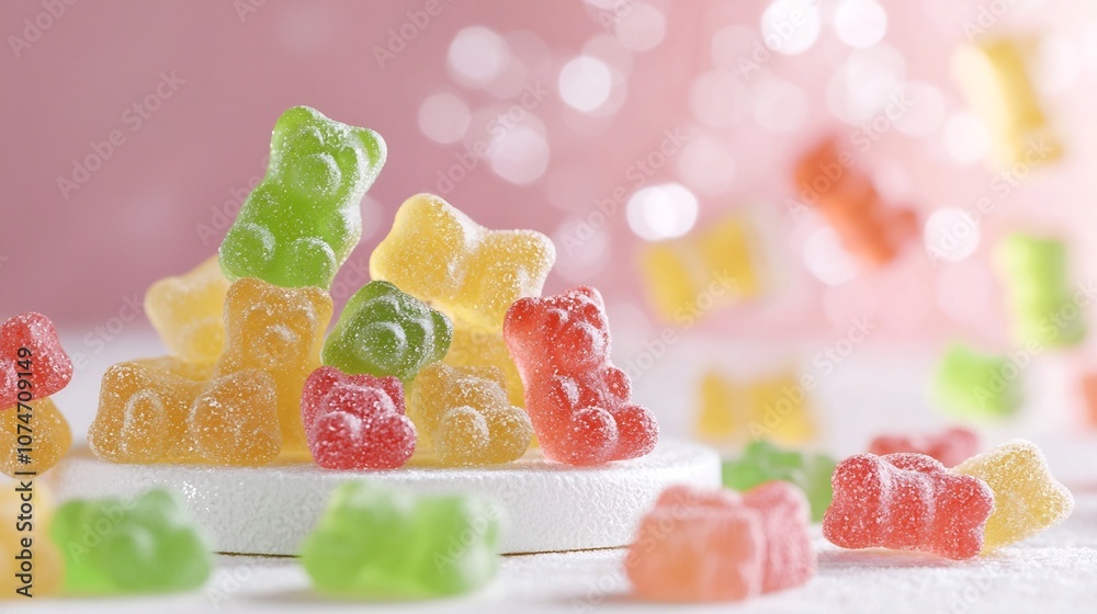 Leinwandbilder Macro photograph of delectable gummy bears in rich vivid colors with a glossy gelatinous texture and a beautiful bokeh effect adding depth and visual interest to the scene