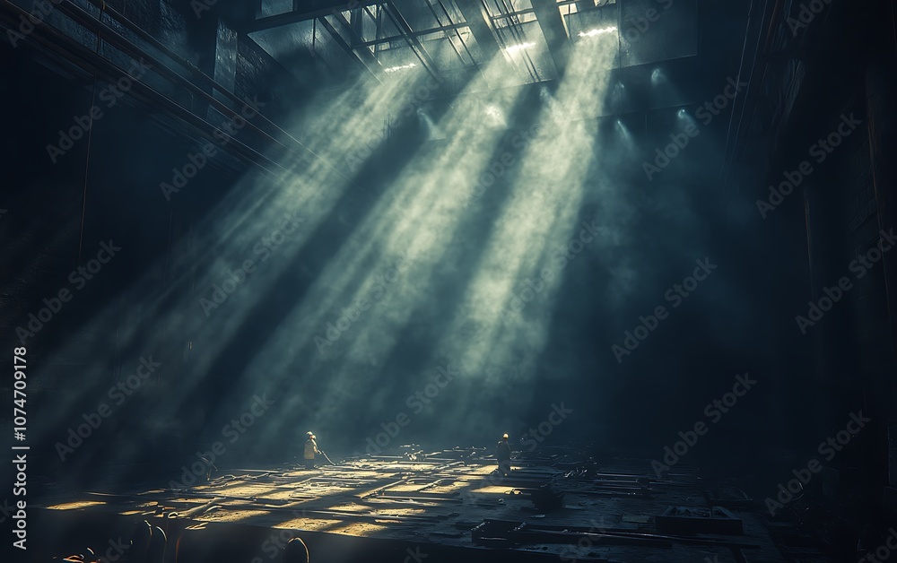 Aufkleber a dramatic scene featuring beams of light illuminating a dark space, creating an ethereal atmosphere
