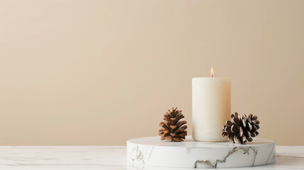 3D render of a sleek product presentation with a marble podium stand, adorned  Christmas ornaments