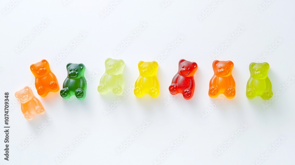 Aufkleber creatively arranged vibrant gummy bears in a cheerful rainbow pattern against a plain white backgrou