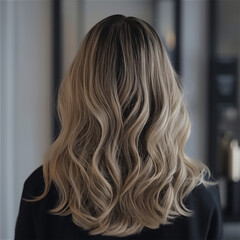 Naklejka premium female long ash brown hair with highlights, cascading down her back, long wavy hair salon photography